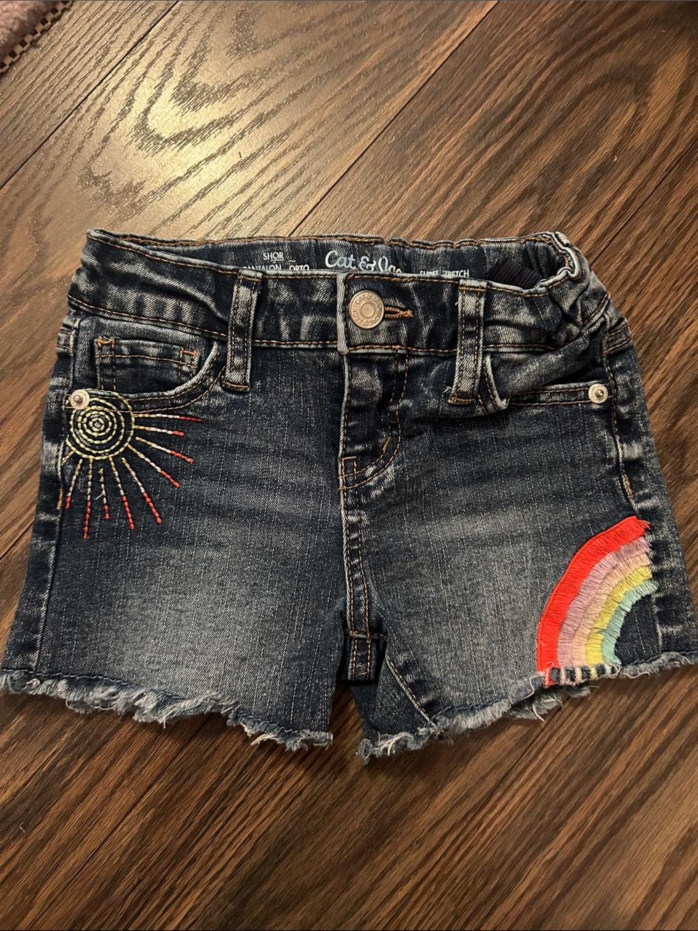 Cat & Jack Dark Denim Shorts with Rainbow & Sun Embroidery